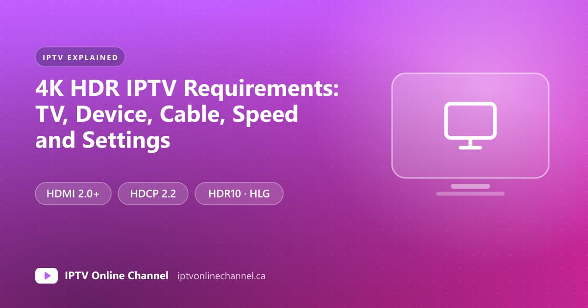 4K TV showing a bright HDR picture, connected by a certified HDMI cable to a streaming device, with a checklist beside it