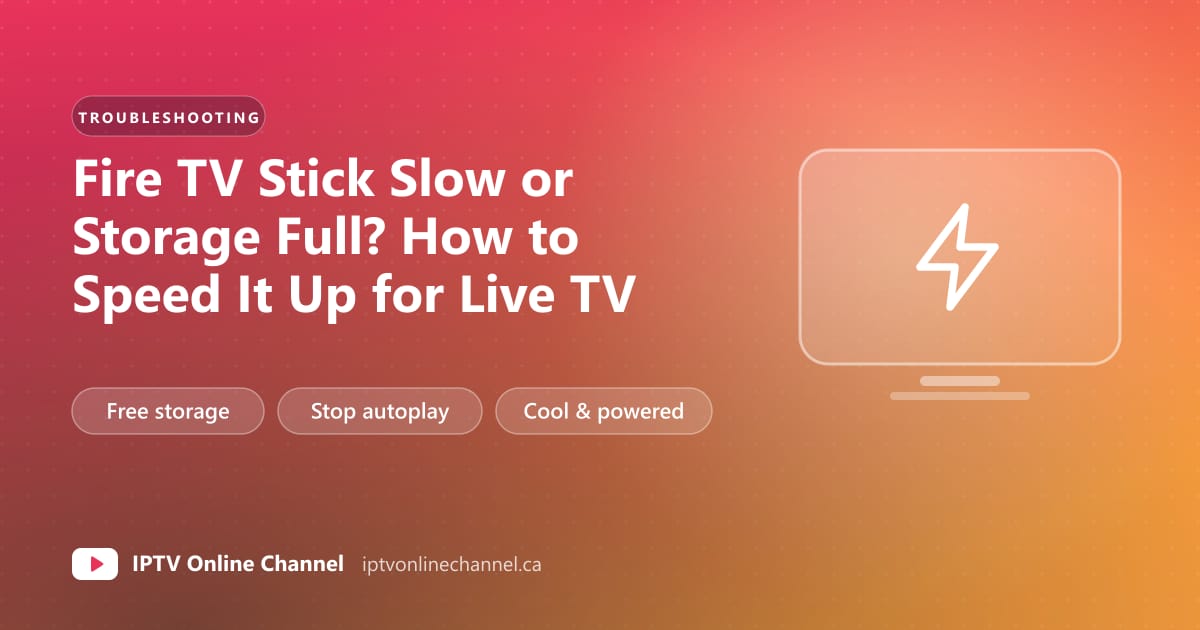 Cover graphic for a guide to speeding up a slow Fire TV Stick with full storage, with labels for storage, autoplay and power