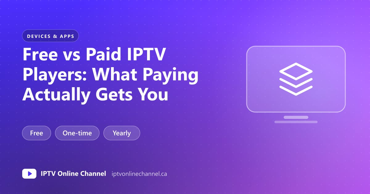 Two IPTV player screens side by side, one basic free version and one paid version with a guide grid and multiview