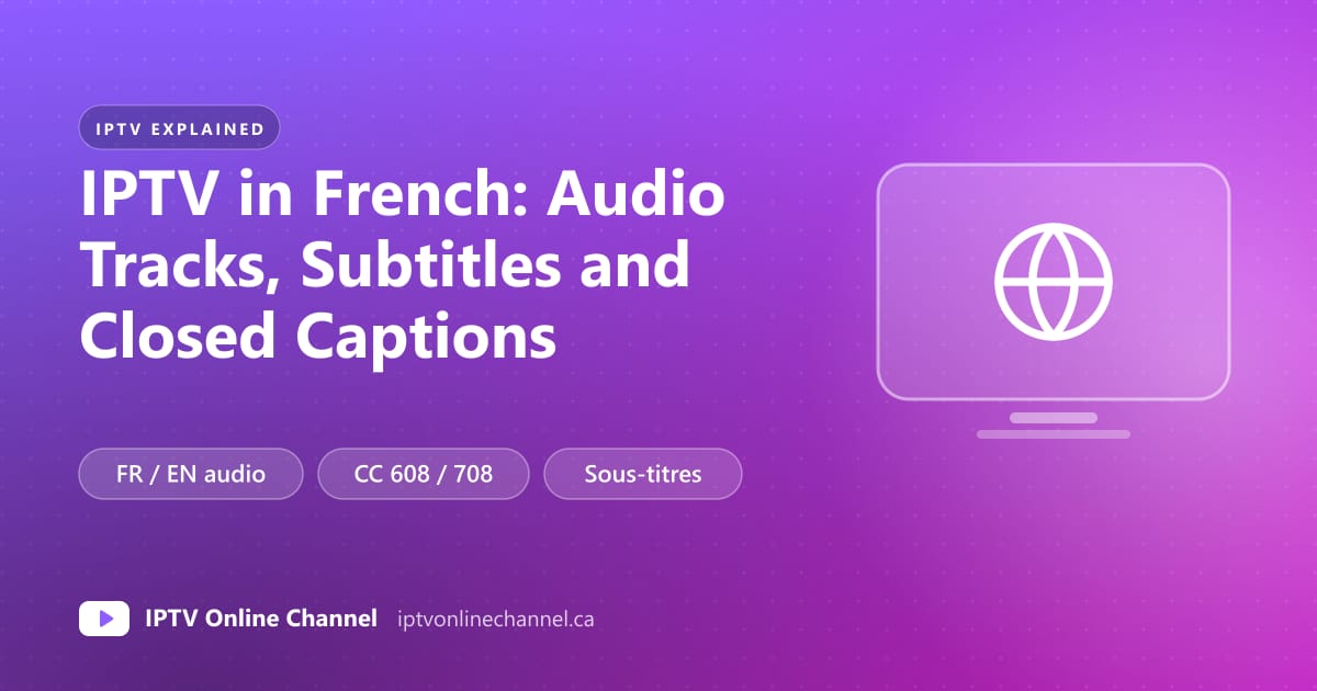 TV playback menu showing audio tracks labelled Français and English, with a subtitle menu and a CC caption icon