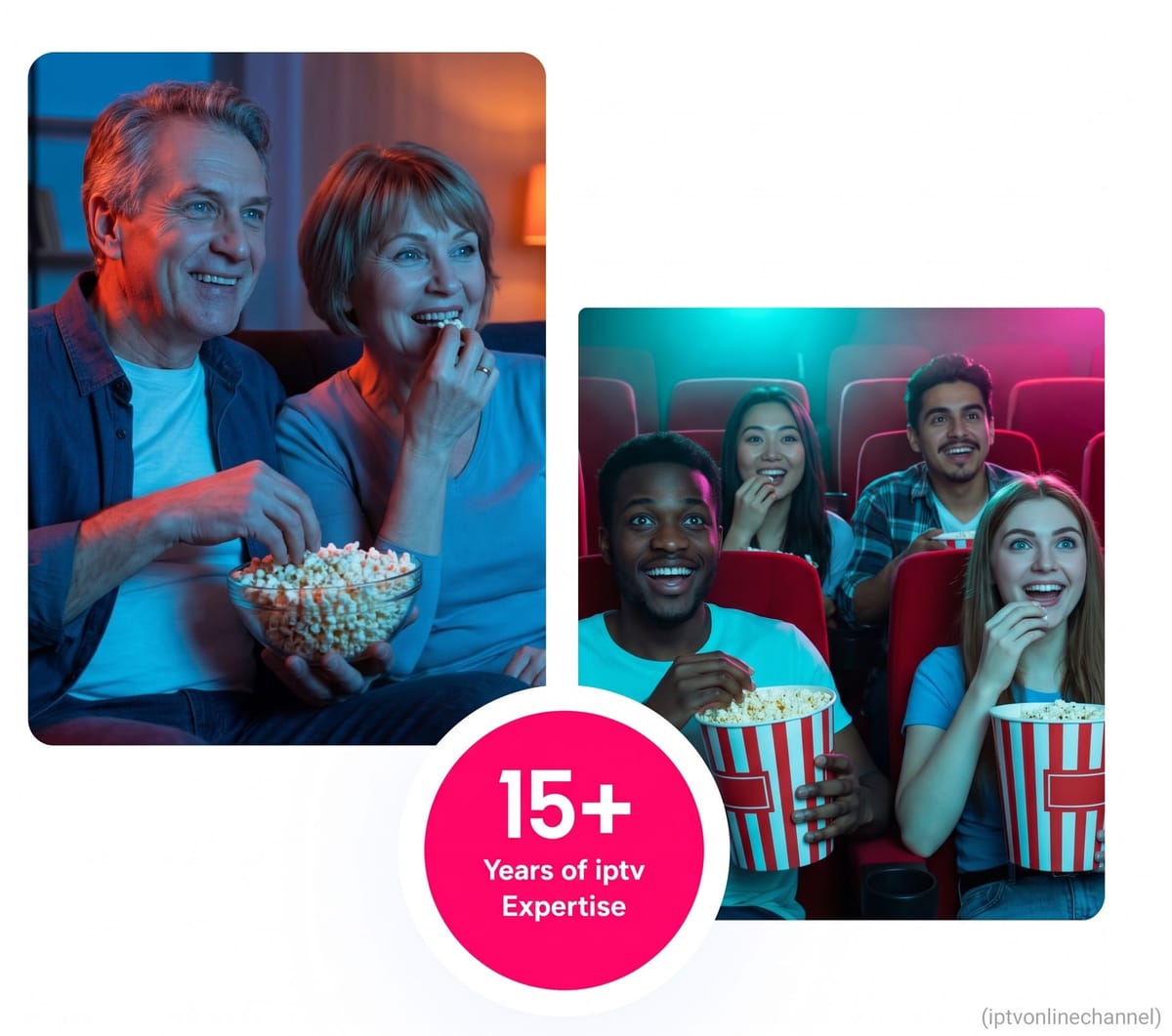 Couple sharing popcorn while streaming a movie at home, beside friends enjoying a movie night, with a 15+ years of IPTV expertise badge