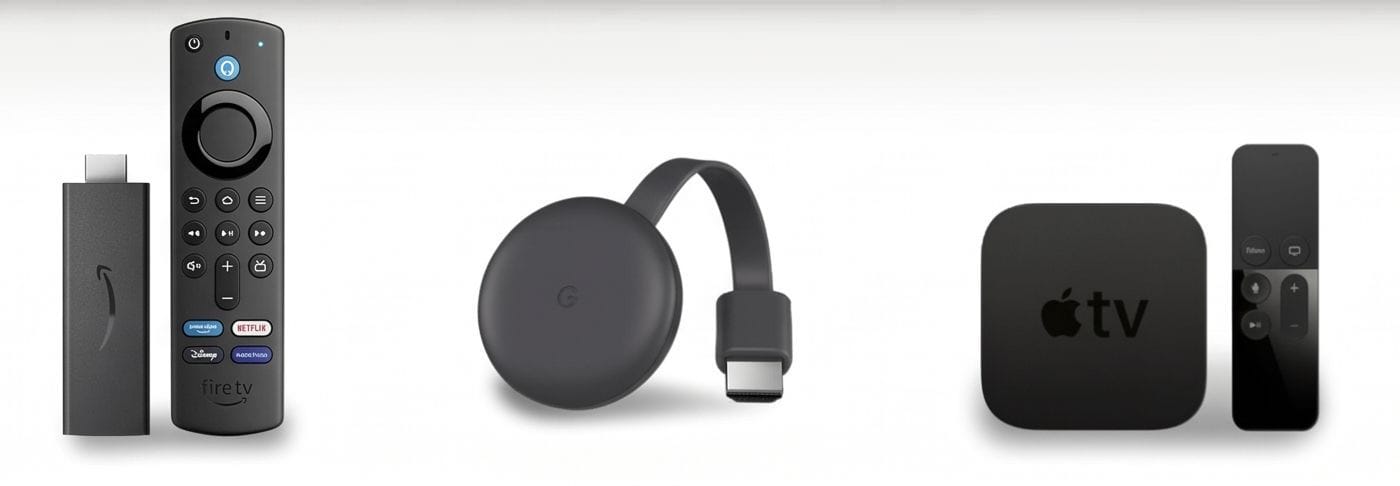 Amazon Fire TV Stick with remote, Google Chromecast and Apple TV with remote, streaming devices compatible with IPTV Online Channel