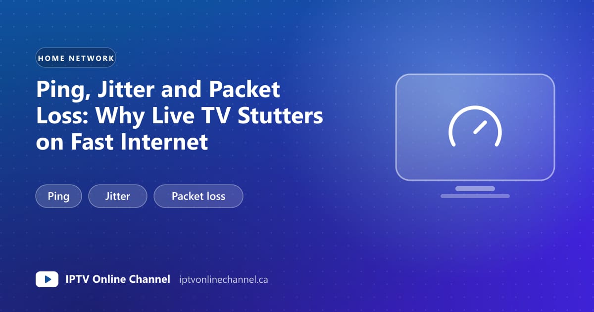 Cover graphic with a network line chart and three labels for ping, jitter and packet loss next to a TV screen