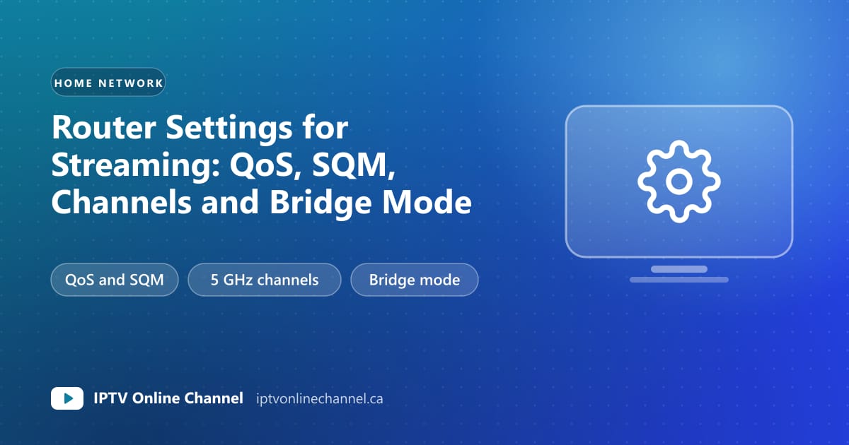 Cover graphic of a home router settings screen with labels for QoS and SQM, 5 GHz channels and bridge mode