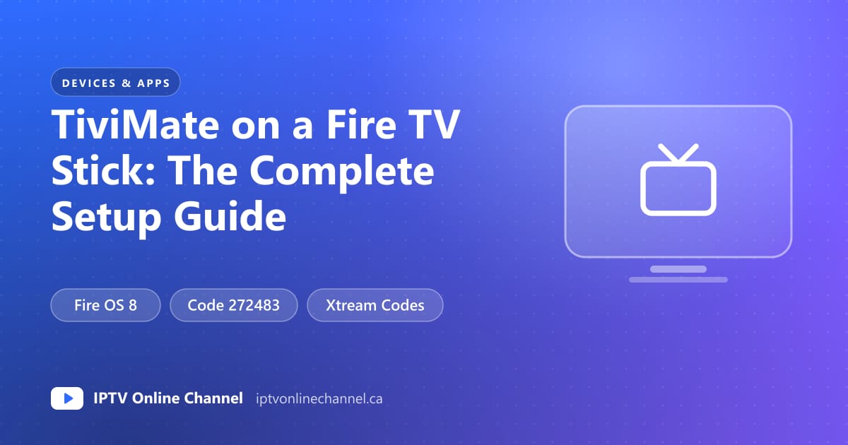 Fire TV Stick plugged into a TV showing the TiviMate player with a channel list and a TV guide grid